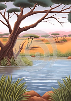 Lake in the African Savannah Illustration
