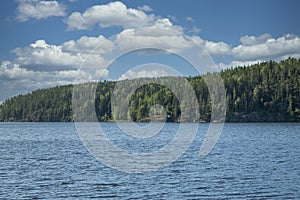 Lake against the background of the forest and blue sky with clouds