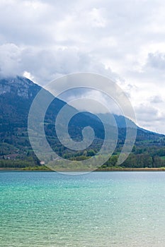 Lake Aiguebelette near mountains in France