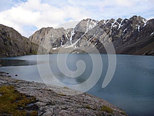 Lake Alla Kol in mountains in Kyrgyzstan