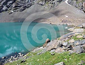 Lake Alla Kol in mountains in Kyrgyzstan