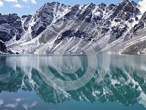 Lake Alla Kol in mountains in Kyrgyzstan
