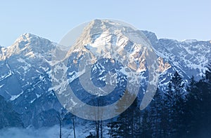 Lake Almsee and Mist with Snowy Sunny Mountains Panorama