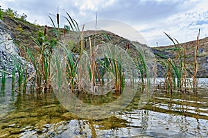 Lake in an ancient quarry with various types of rocks