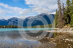 Lake Annette lake shore beach. Jasper National Park, Canadian Rockies, Alberta, Canada.