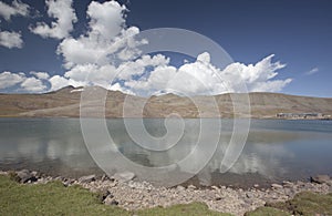 Lake Aparan below mountain Aragac in Armenia