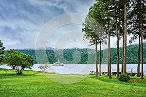 Lake Ashi in Fuji-Hakone-Izu National Park, also known as Hakone Lake or Ashinoko Lake, Kanagawa Prefecture, Japan photo