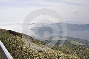 Lake Ashi misty landscape from Fuji - Hakone - Izu National Park in Japan