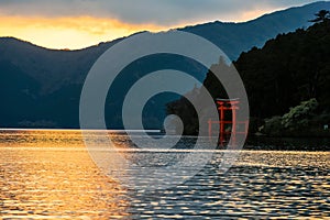 Lake Ashi and Torii gate at sunstet, Hakone