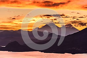 Lake Atitlan & 3 volcanoes at sunrise, Guatemala