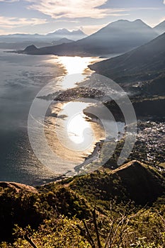 Lake Atitlan & 5 volcanoes just after sunrise, Guatemala