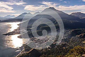 Lake Atitlan & 5 volcanoes just after sunrise, Guatemala