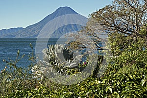 Lake Atitlan with volcano in Guatemala photo