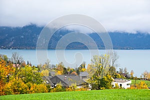 Lake Attersee in a misty autumn morning, Austria.