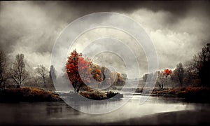 Lake at autumn misty morning landscape, digital illustration