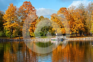 Lake in autumn park near Cesis town, Latvia