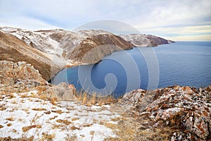 Lake Baikal, Aya Bay in December. Open water in the lake.