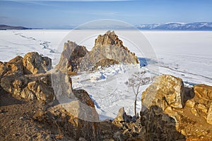 Lake Baikal. Island Olkhon. Shamanka Rock on a winter