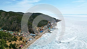 Lake Baikal, Listvyanka village in spring from the air