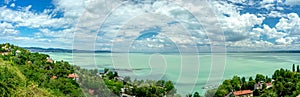 Lake Balaton panoramatic view from Tihany viewpoint on hot summer day