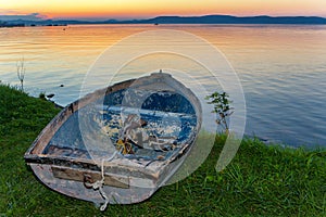 Lake Balaton after sunset with a boat in the front