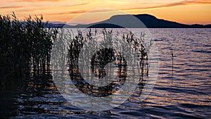 Lake Balaton at sunset with the silhouette of Badacsony hill photo