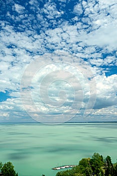 Lake Balaton view from Tihany viewpoint on hot summer day