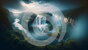 A lake at the base of a waterfall, shrouded in mist. landscape background, Generative Ai photo