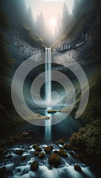 A lake at the base of a waterfall, shrouded in mist. landscape background, Generative Ai photo