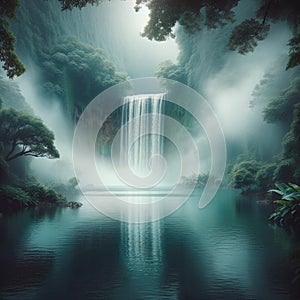 A lake at the base of a waterfall, shrouded in mist. landscape background, Generative Ai photo