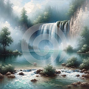 A lake at the base of a waterfall, shrouded in mist. Nature painting, Generative Ai photo