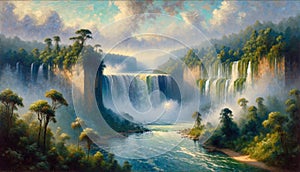 A lake at the base of a waterfall, shrouded in mist. Nature painting, Generative Ai photo