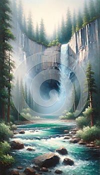 A lake at the base of a waterfall, shrouded in mist. Nature painting, Generative Ai photo