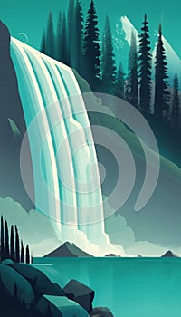 A lake at the base of a waterfall, shrouded in mist. Vector art, Generative Ai photo