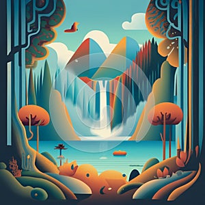 A lake at the base of a waterfall, shrouded in mist. Vector art, Generative Ai photo