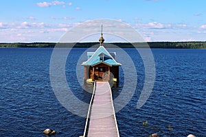 Lake bathhouse of Vazheozersky Spaso-Preobrazhensky male Monastery Interposelyok, Karelia, Russia
