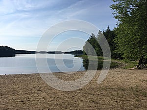 Lake beach in morning sunshine.