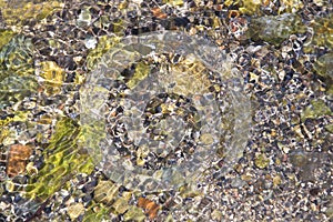 Lake bed of rocks or pebbles under water.