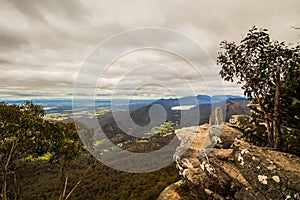 Lake Bellfield, from Boroka Lookout. Panoramic landscape. Scenic view of the Grampians National Park. Panorama of Halls Gap.