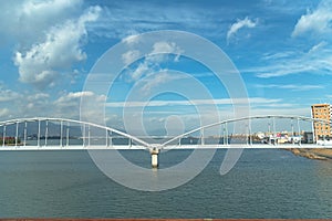 Lake Biwa and Omi Ohashi Bridge, view on the JR west Biwako Line