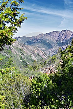 Lake Blanche forest and mountain landscape views from trail. Wasatch Front Rocky Mountains, Twin Peaks Wilderness,  Wasatch Nation