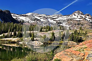 Lake Blanche Hiking Trail panorama views. Wasatch Front Rocky Mountains, Twin Peaks Wilderness,  Wasatch National Forest in Big Co