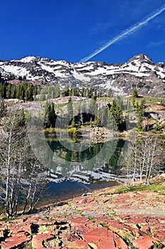 Lake Blanche Hiking Trail panorama views. Wasatch Front Rocky Mountains, Twin Peaks Wilderness,  Wasatch National Forest in Big Co