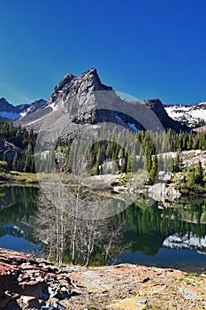 Lake Blanche Hiking Trail panorama views. Wasatch Front Rocky Mountains, Twin Peaks Wilderness,  Wasatch National Forest in Big Co