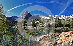 Lake Blanche Hiking Trail panorama views. Wasatch Front Rocky Mountains, Twin Peaks Wilderness,  Wasatch National Forest in Big Co