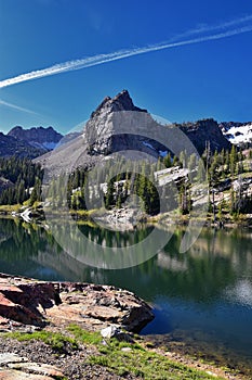 Lake Blanche Hiking Trail panorama views. Wasatch Front Rocky Mountains, Twin Peaks Wilderness,  Wasatch National Forest in Big Co