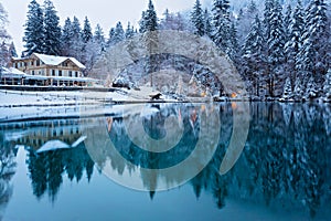 Lake Blausee in Bernese Highlands during winter, Switzerland