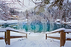 Lake Blausee in swiss Alps, Switzerland