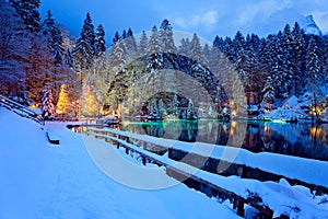 Lake Blausee in swiss Alps, Switzerland