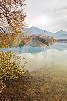 Lake Bled with beautiful reflections in autumn season